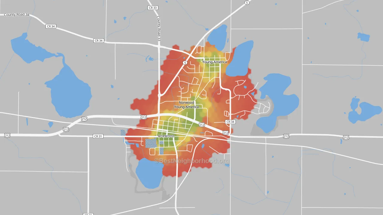 Walk Grade map of Norwood Young America, MN, walkable areas in green and car-dependent areas in red
