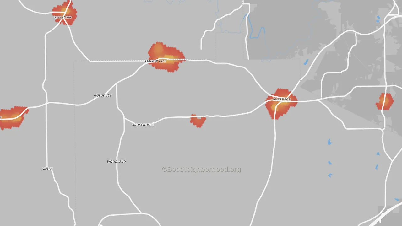 Walk Grade map of Notasulga, AL, walkable areas in green and car-dependent areas in red