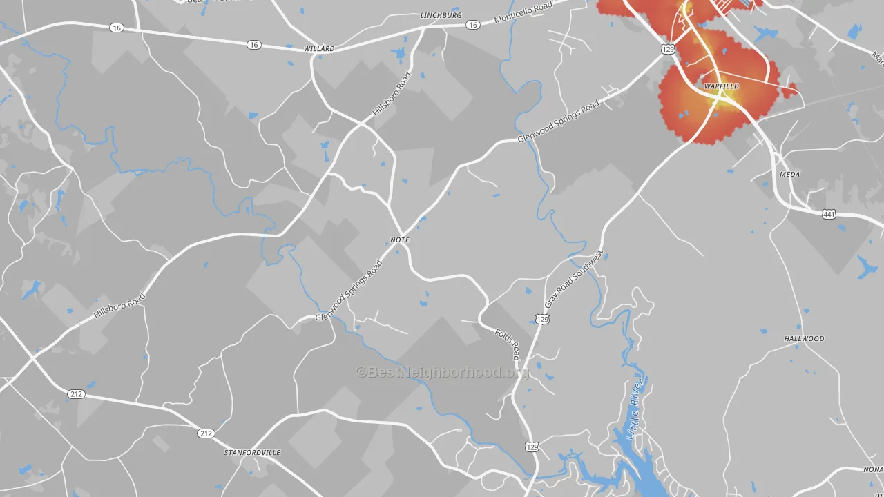 Walk Grade map of Note, GA, walkable areas in green and car-dependent areas in red