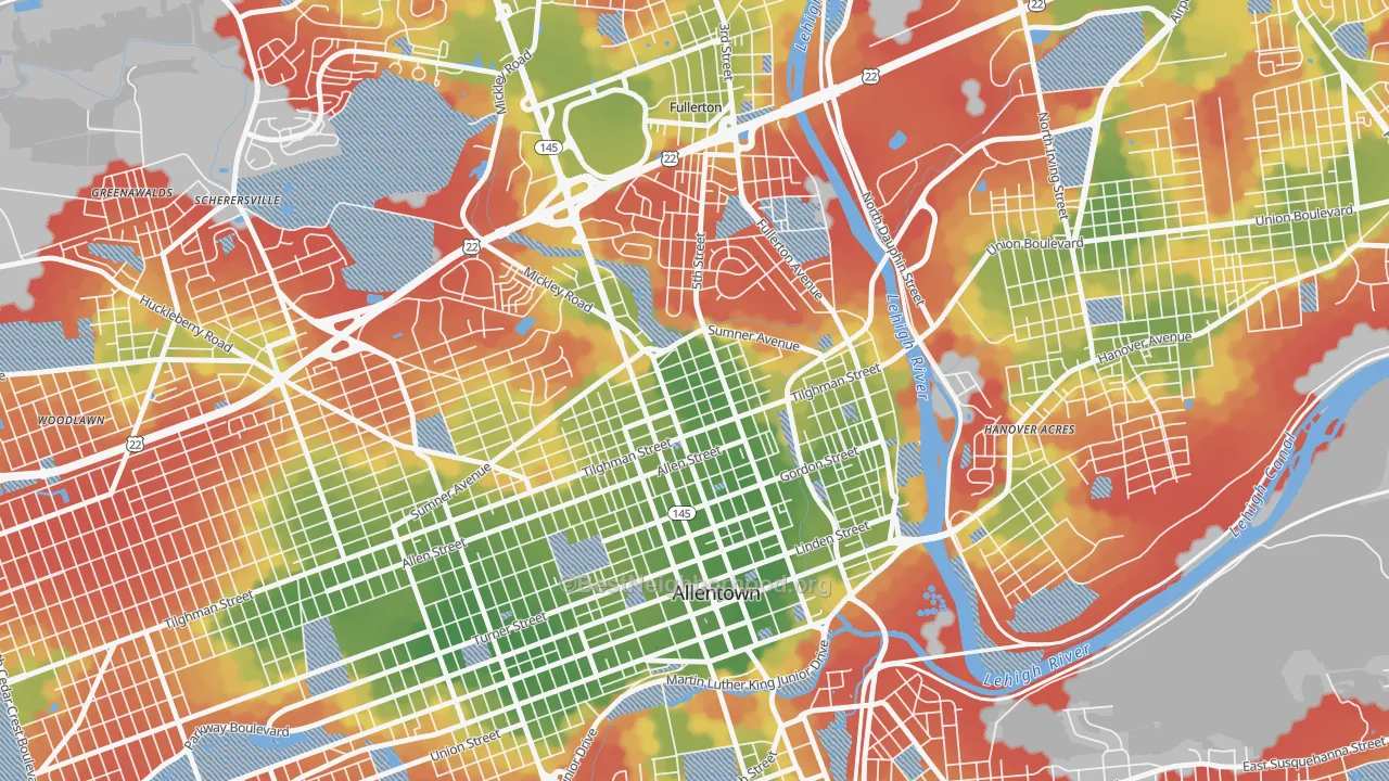 Walk Grade map of NoTi, Allentown, PA, walkable areas in green and car-dependent areas in red