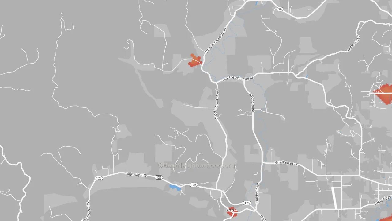Walk Grade map of Noti, OR, walkable areas in green and car-dependent areas in red