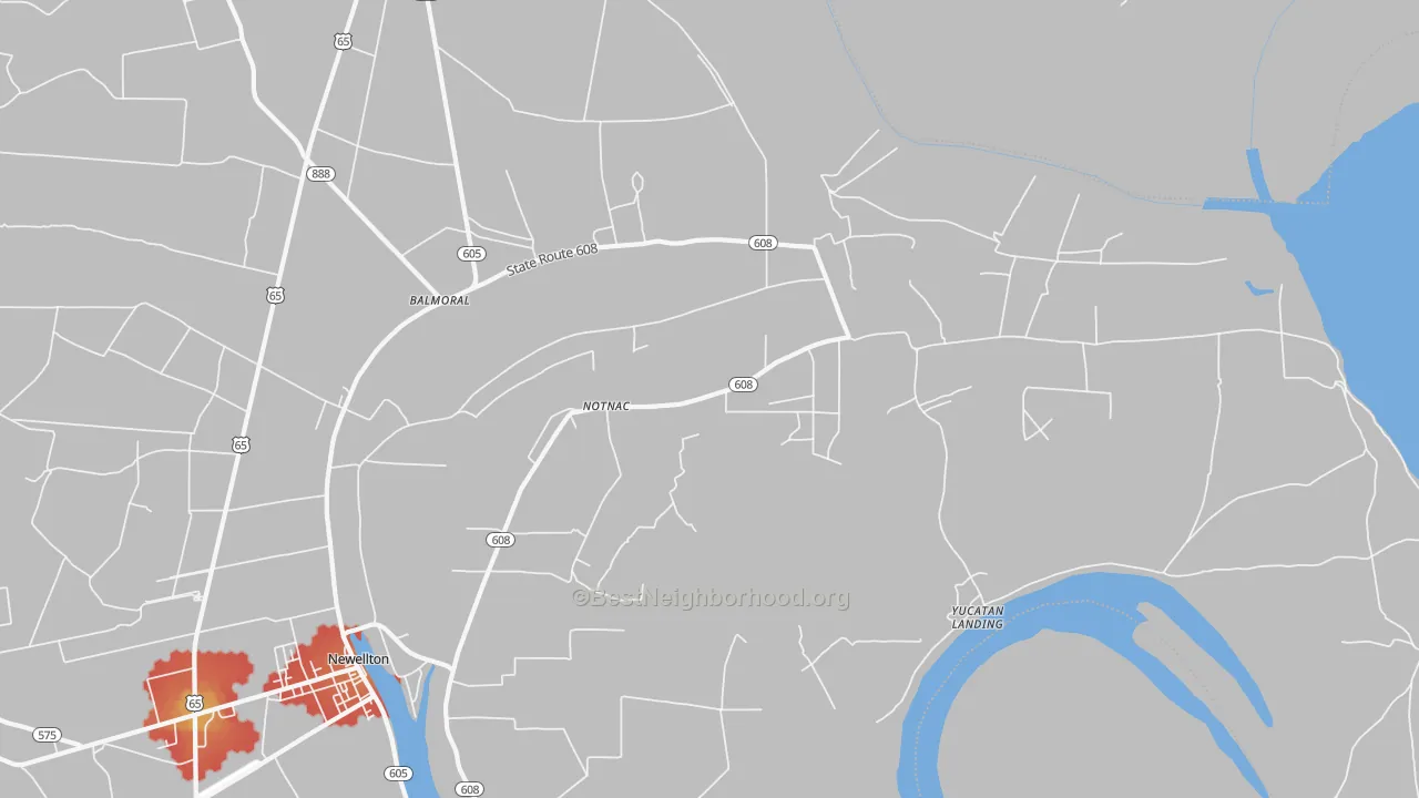 Walk Grade map of Notnac, LA, walkable areas in green and car-dependent areas in red