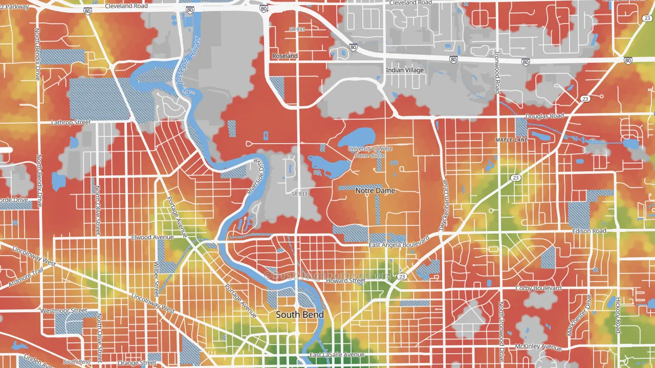 Walk Grade map of Notre Dame, IN, walkable areas in green and car-dependent areas in red