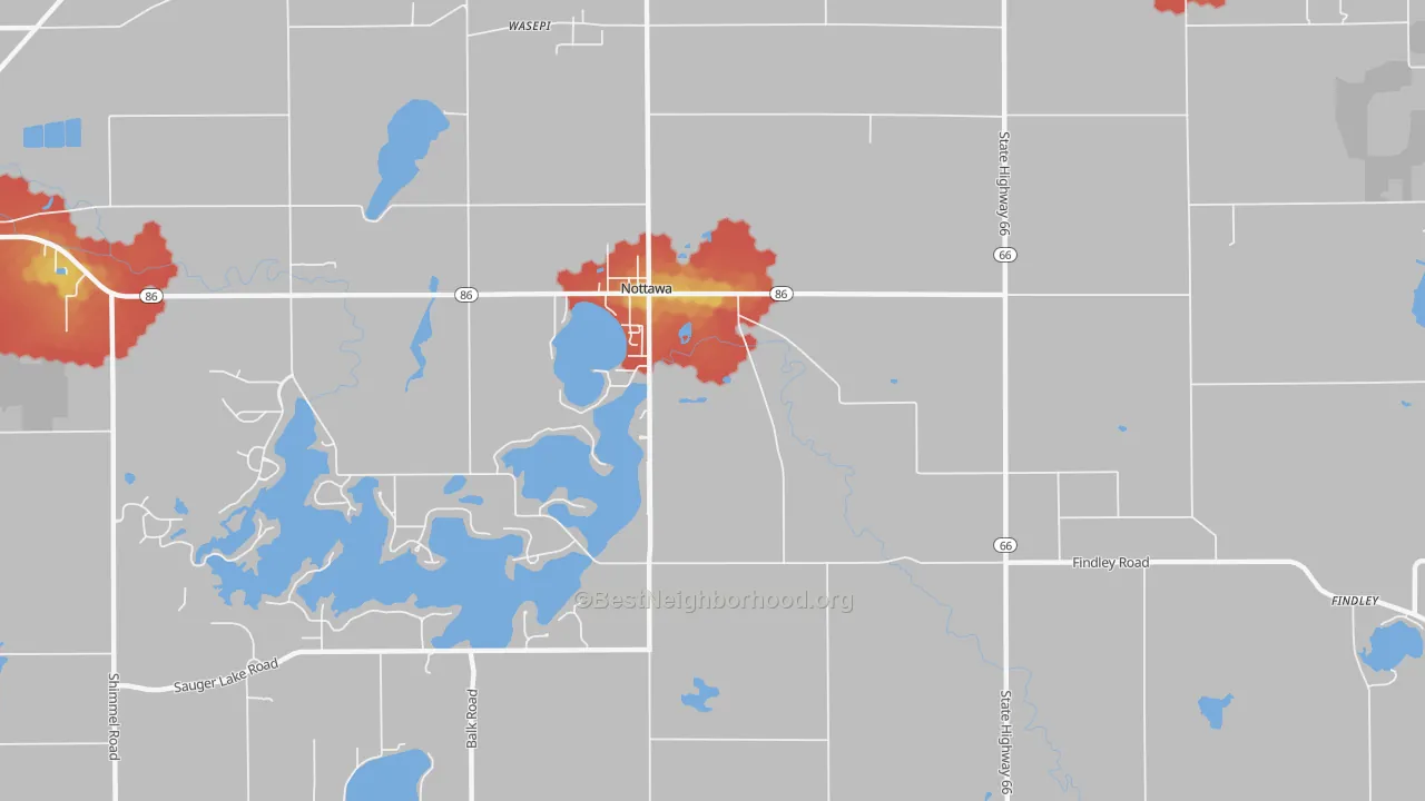 Walk Grade map of Nottawa, MI, walkable areas in green and car-dependent areas in red