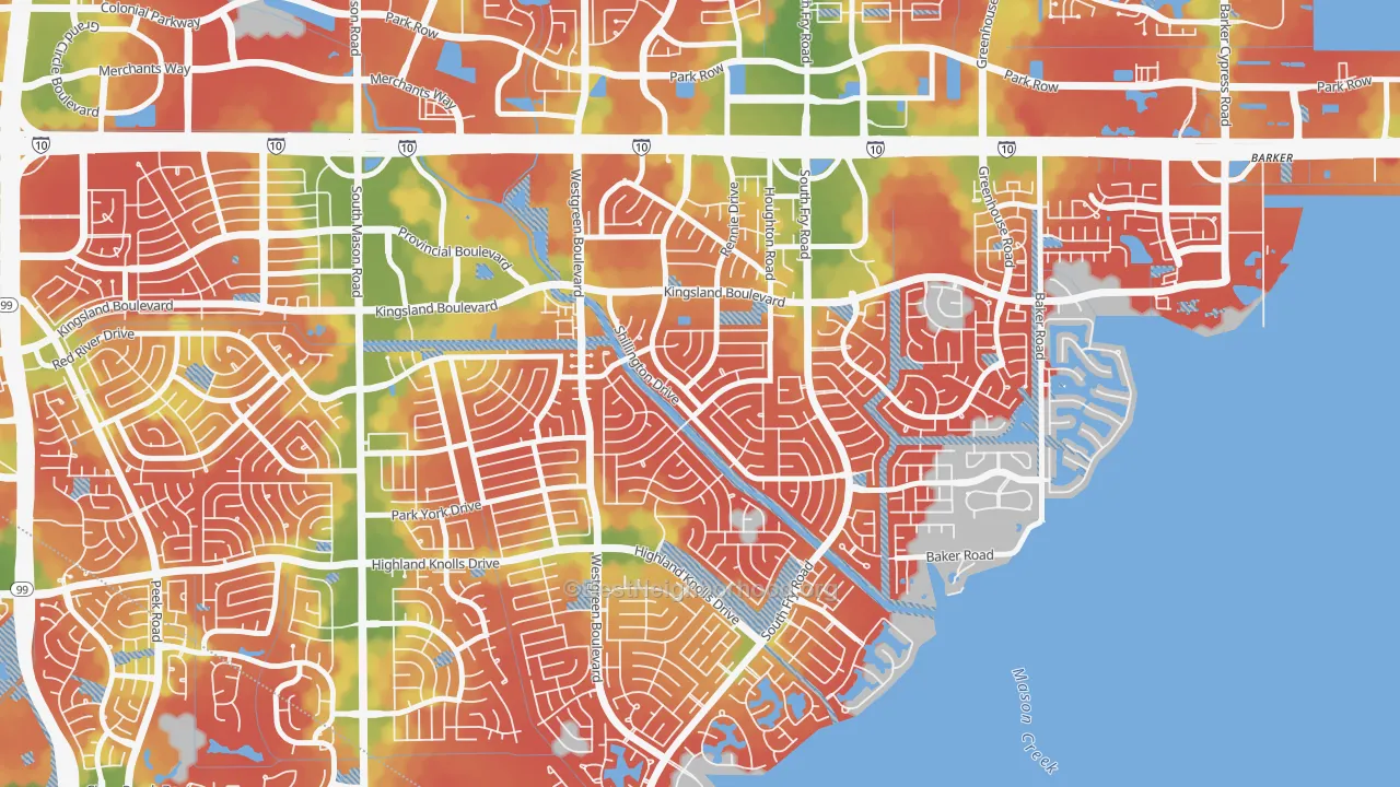 Walk Grade map of Nottingham, Katy, TX, walkable areas in green and car-dependent areas in red