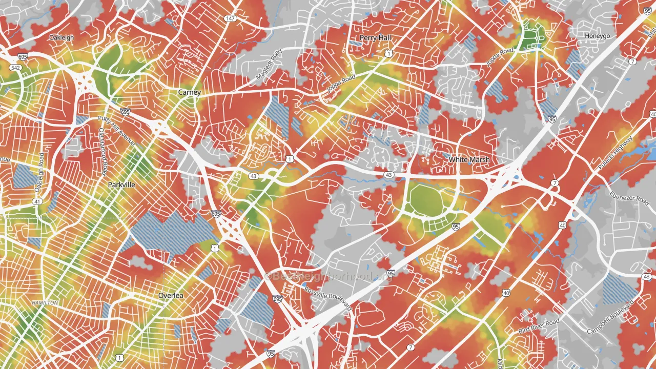 Walk Grade map of Nottingham, MD, walkable areas in green and car-dependent areas in red