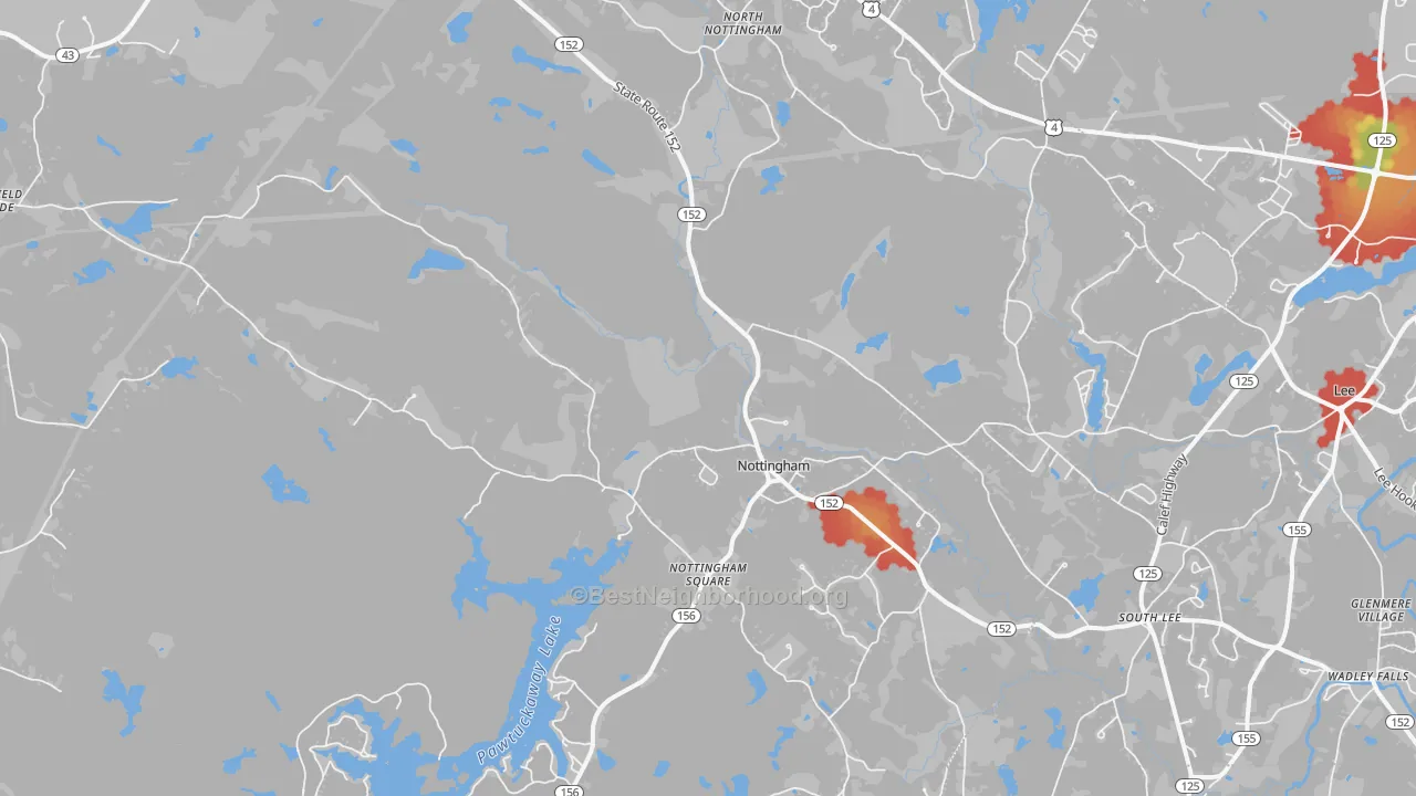 Walk Grade map of Nottingham, NH, walkable areas in green and car-dependent areas in red