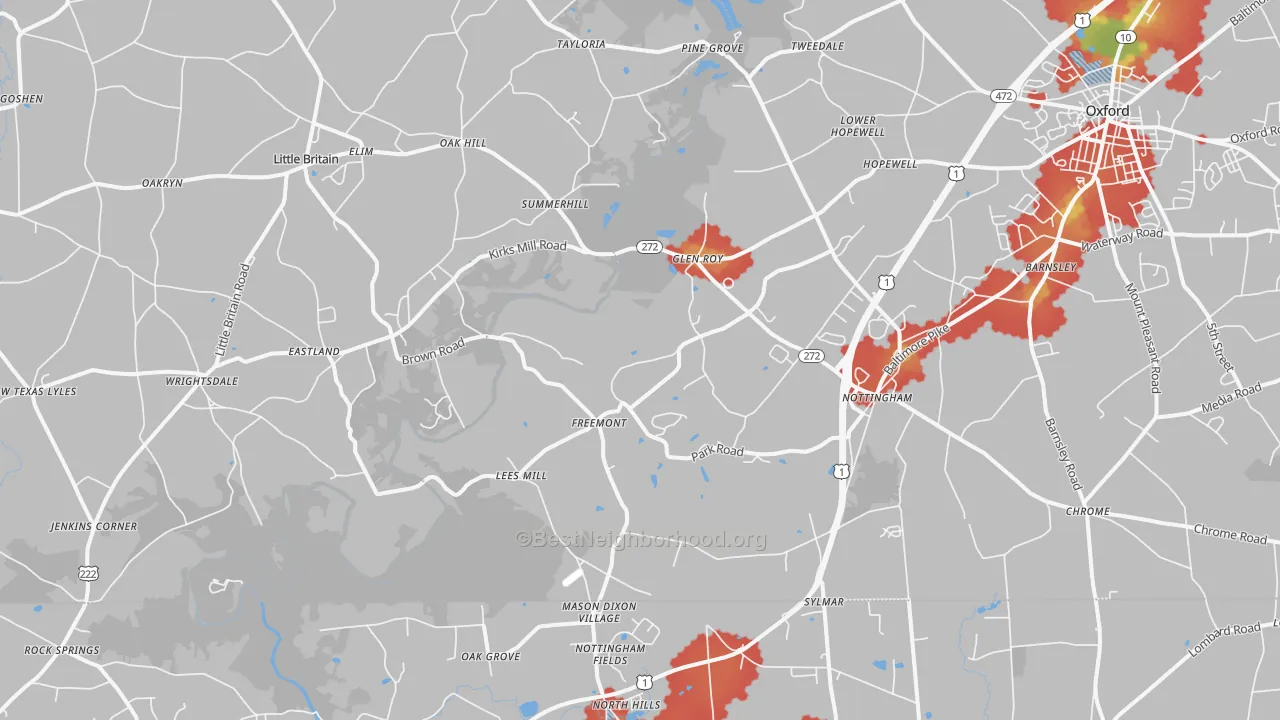Walk Grade map of Nottingham, PA, walkable areas in green and car-dependent areas in red