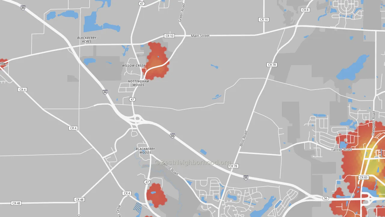 Walk Grade map of Nottingham Woods, IL, walkable areas in green and car-dependent areas in red