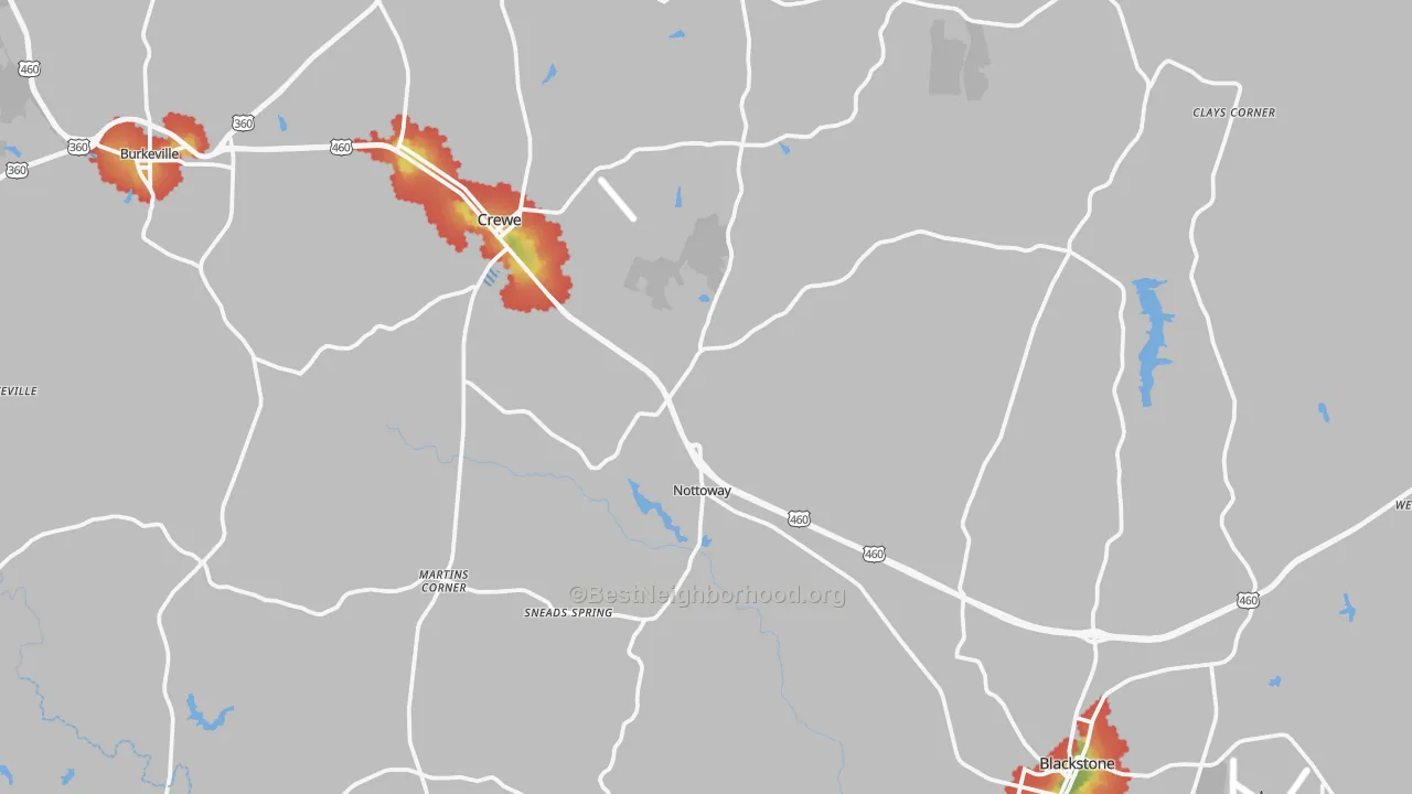 Walk Grade map of Nottoway County, VA, walkable areas in green and car-dependent areas in red