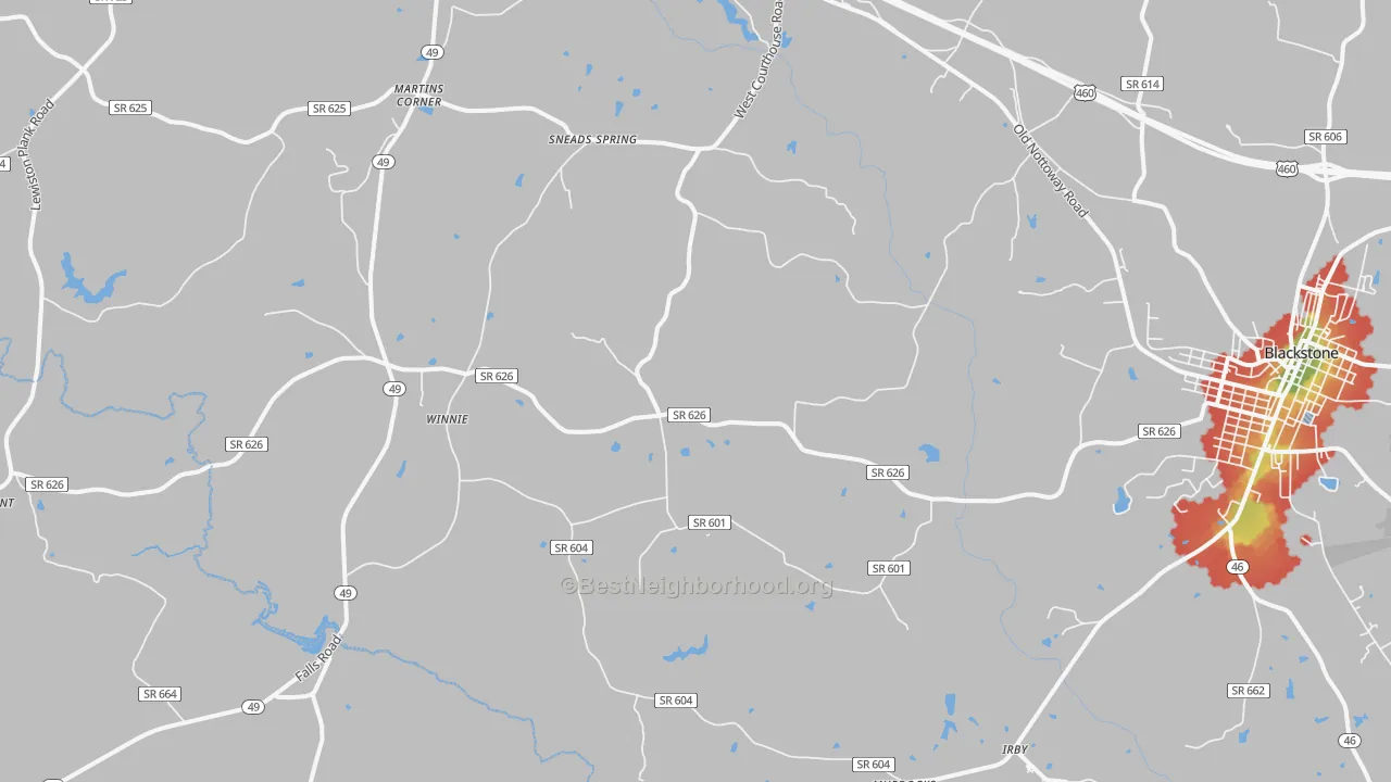 Walk Grade map of Nottoway, VA, walkable areas in green and car-dependent areas in red