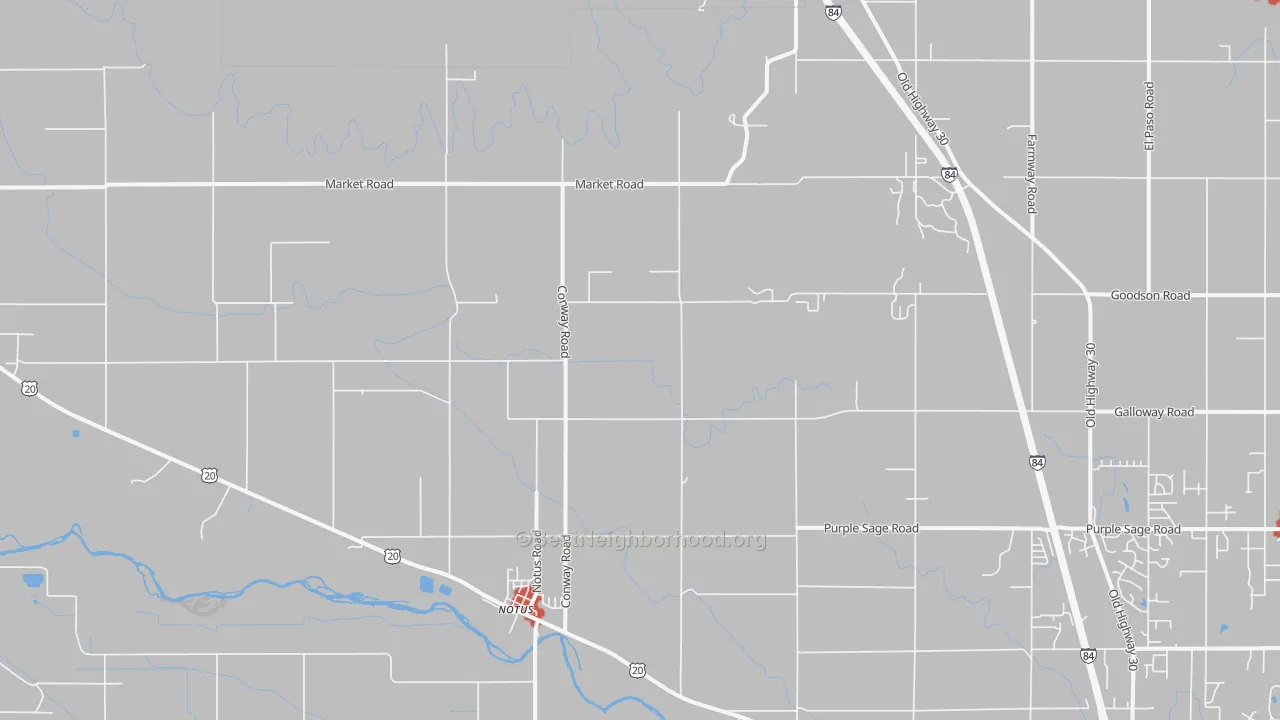 Walk Grade map of Notus, ID, walkable areas in green and car-dependent areas in red