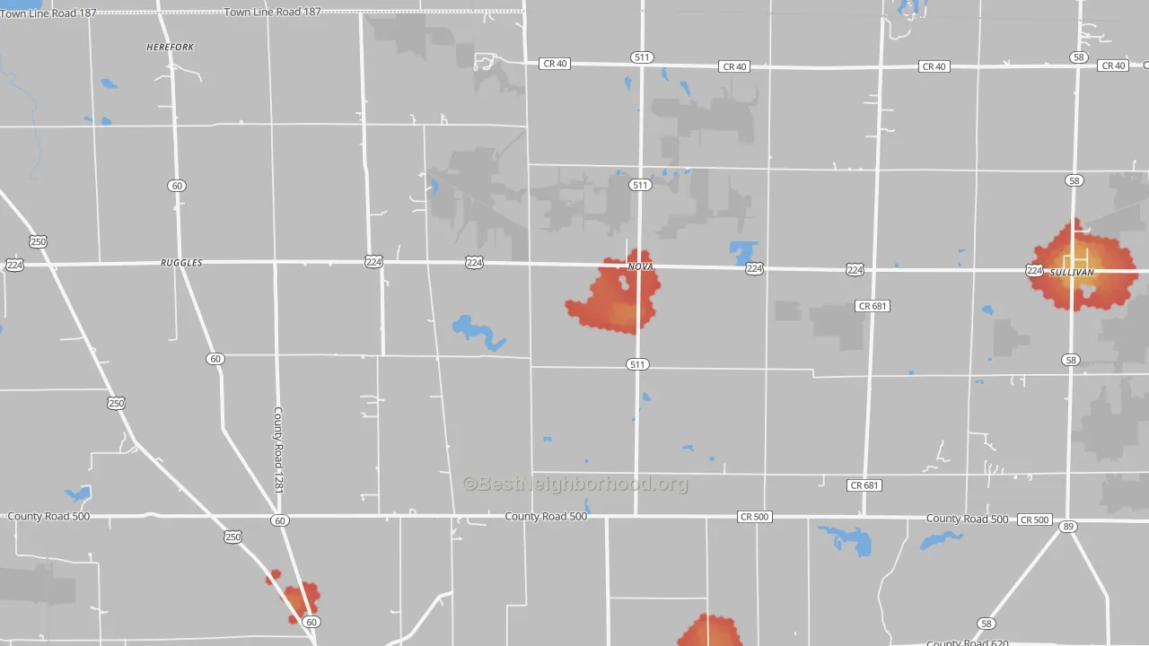 Walk Grade map of Nova, OH, walkable areas in green and car-dependent areas in red