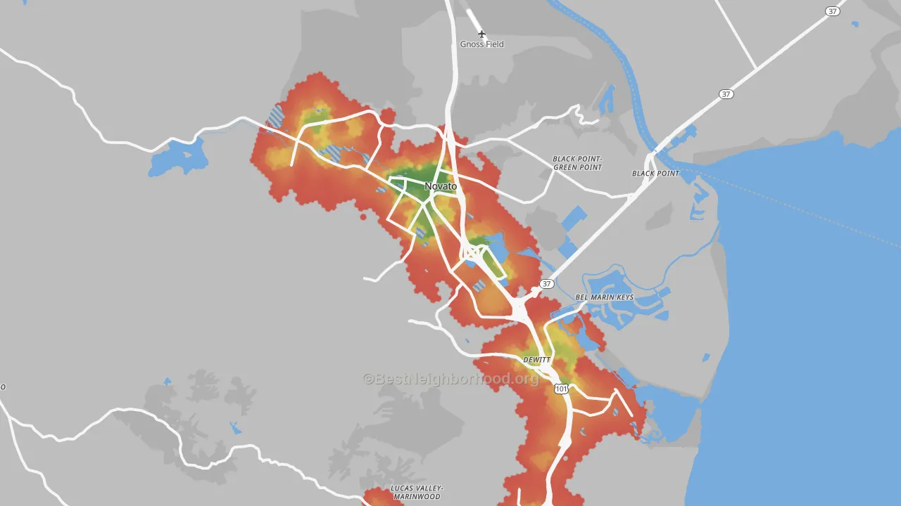 Walk Grade map of Novato, CA, walkable areas in green and car-dependent areas in red