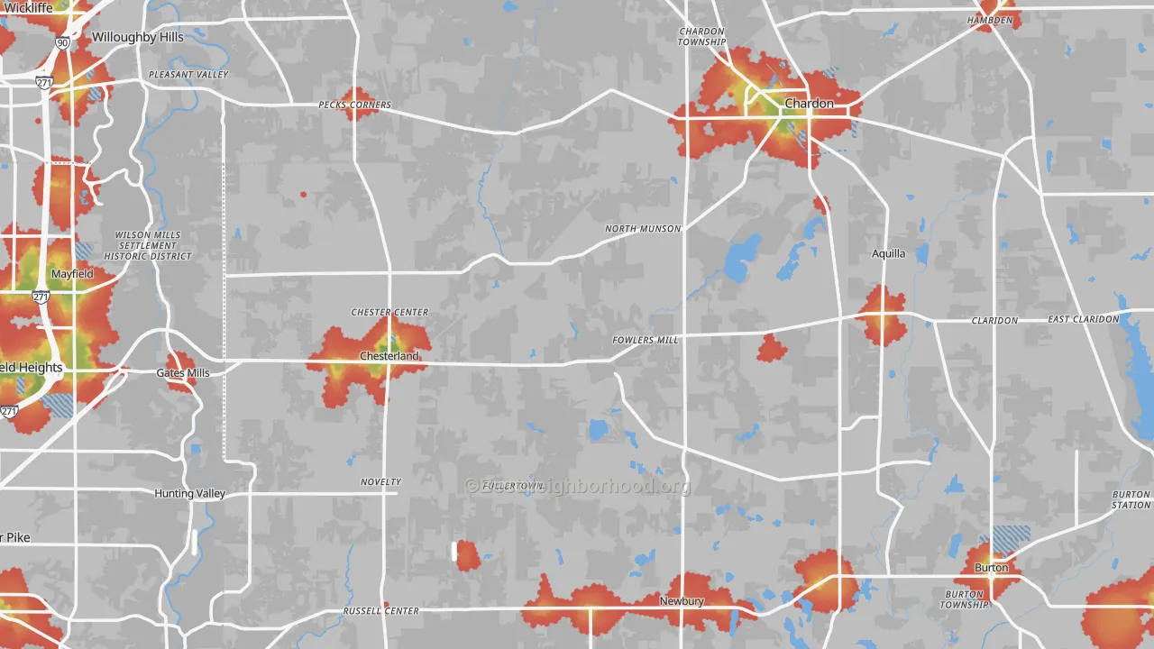 Walk Grade map of Novelty, OH, walkable areas in green and car-dependent areas in red
