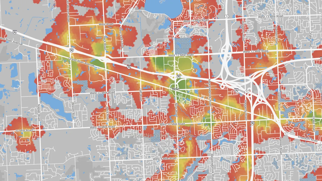 Walk Grade map of Novi, MI, walkable areas in green and car-dependent areas in red