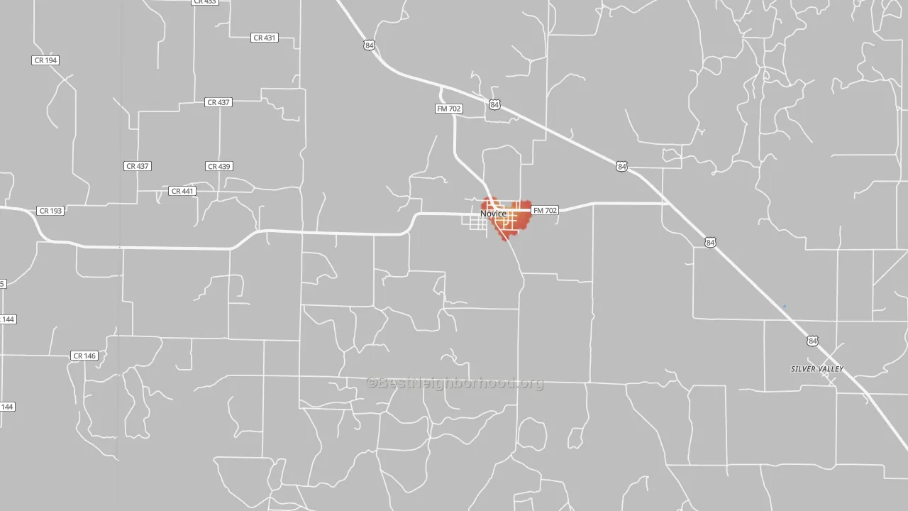 Walk Grade map of Novice, TX, walkable areas in green and car-dependent areas in red