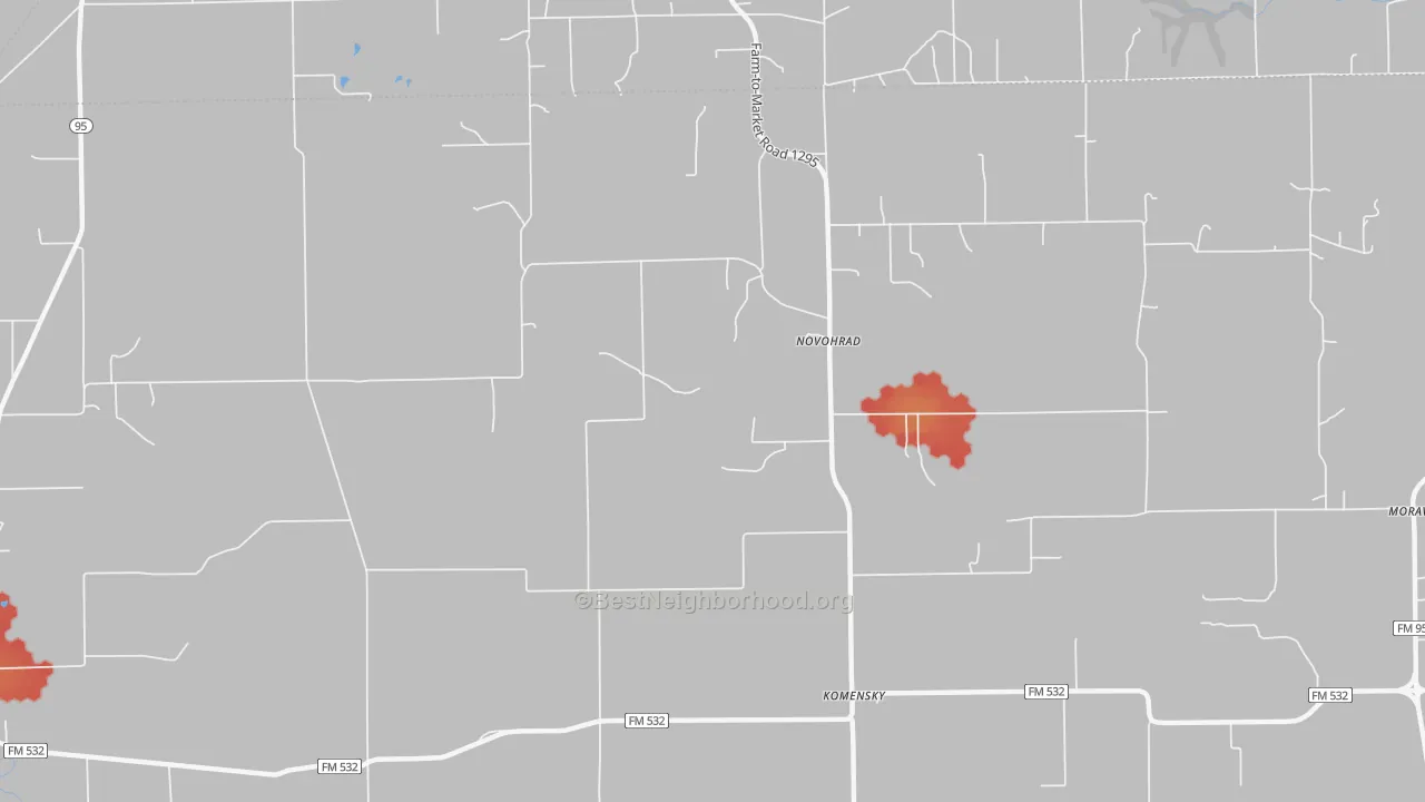 Walk Grade map of Novohrad, TX, walkable areas in green and car-dependent areas in red