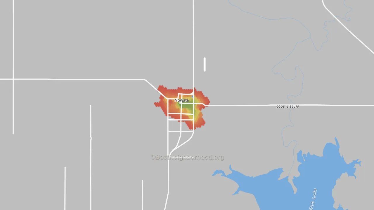 Walk Grade map of Nowata, OK, walkable areas in green and car-dependent areas in red