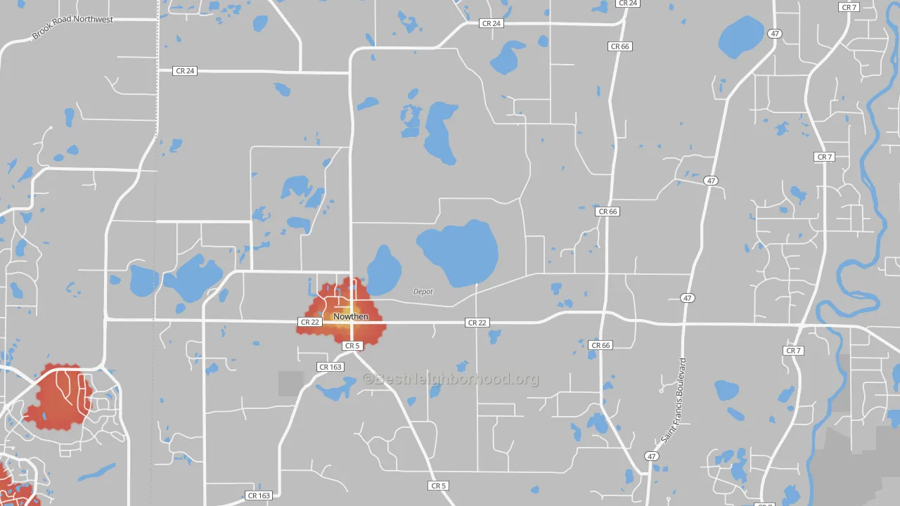 Walk Grade map of Nowthen, MN, walkable areas in green and car-dependent areas in red
