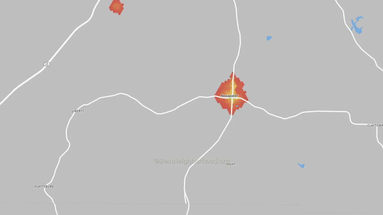 Walk Grade map of Noxapater, MS, walkable areas in green and car-dependent areas in red