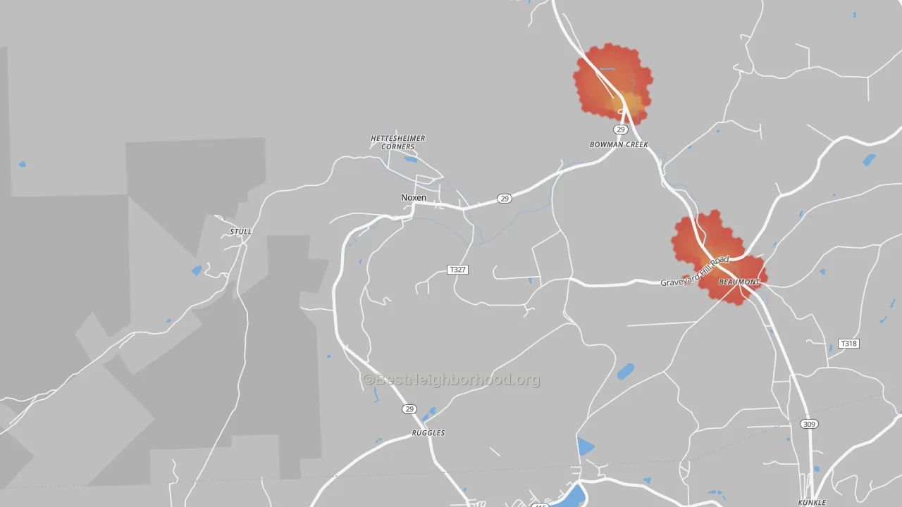 Walk Grade map of Noxen, PA, walkable areas in green and car-dependent areas in red