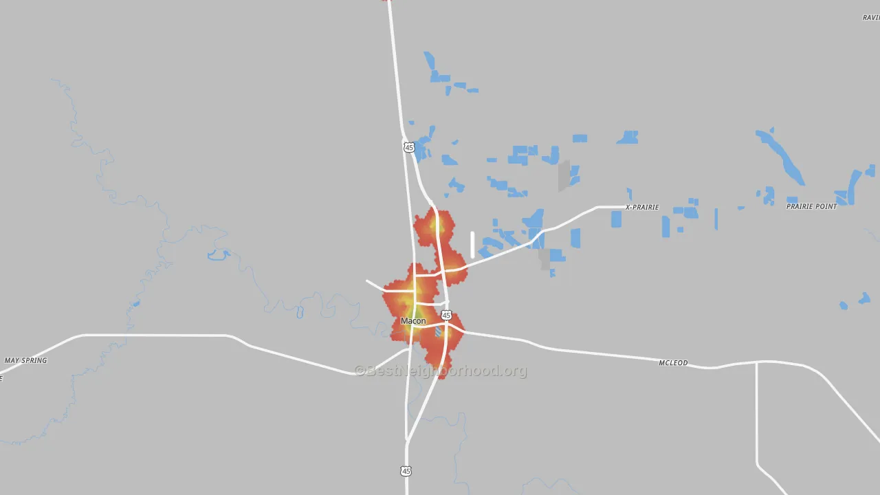 Walk Grade map of Noxubee County, MS, walkable areas in green and car-dependent areas in red