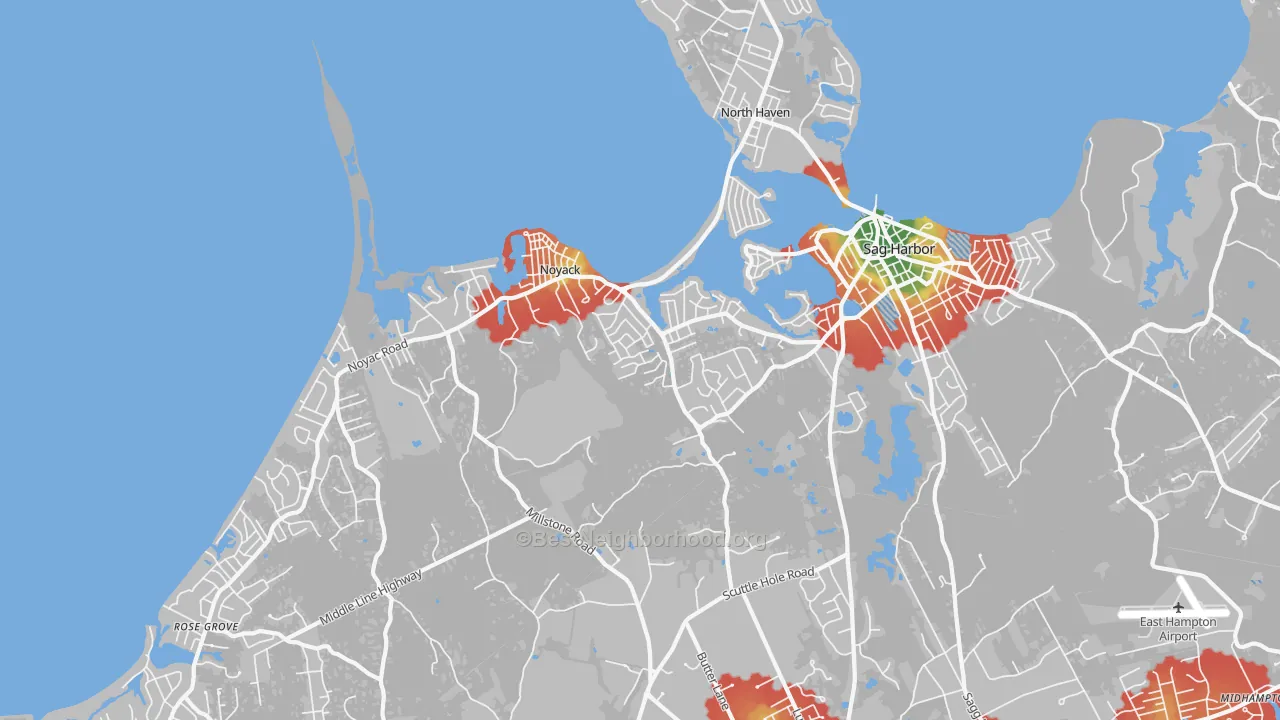 Walk Grade map of Noyack, NY, walkable areas in green and car-dependent areas in red