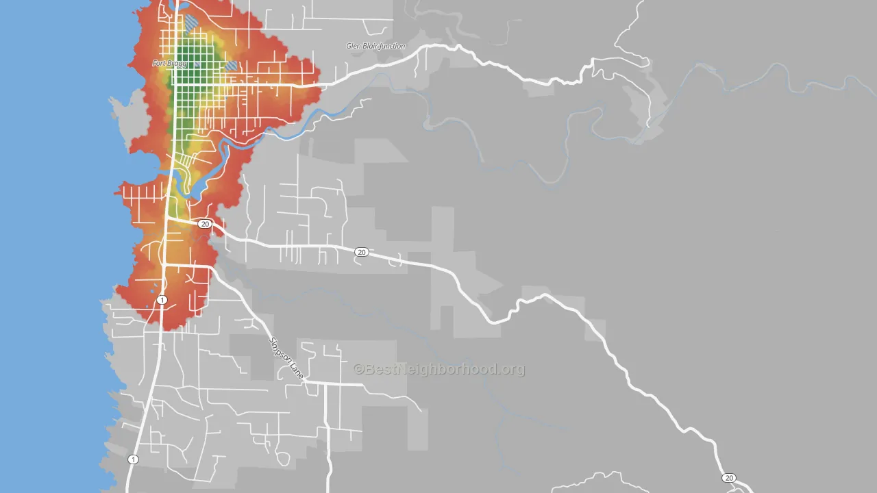 Walk Grade map of Noyo, CA, walkable areas in green and car-dependent areas in red