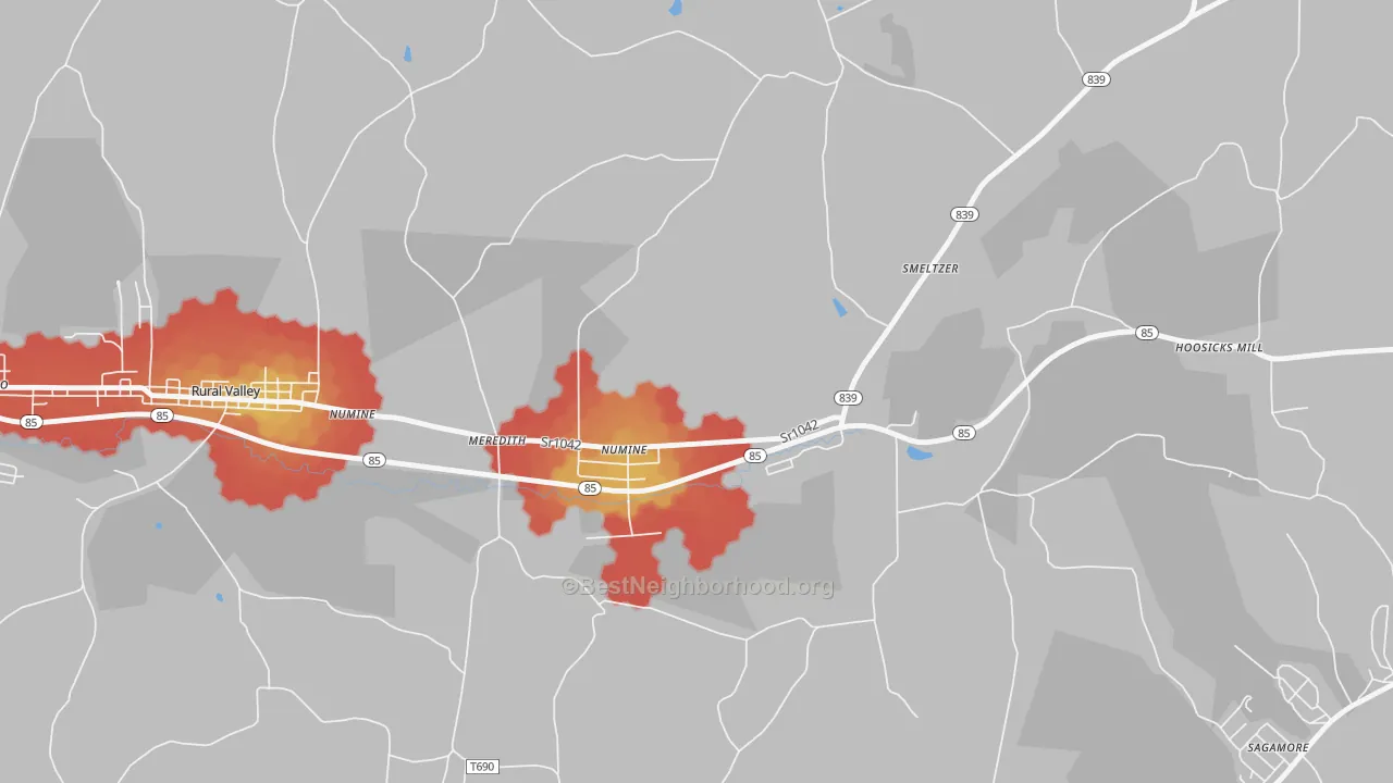 Walk Grade map of Nu Mine, PA, walkable areas in green and car-dependent areas in red