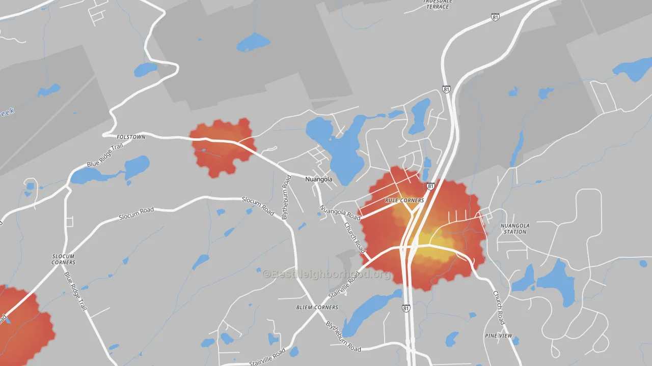 Walk Grade map of Nuangola, PA, walkable areas in green and car-dependent areas in red