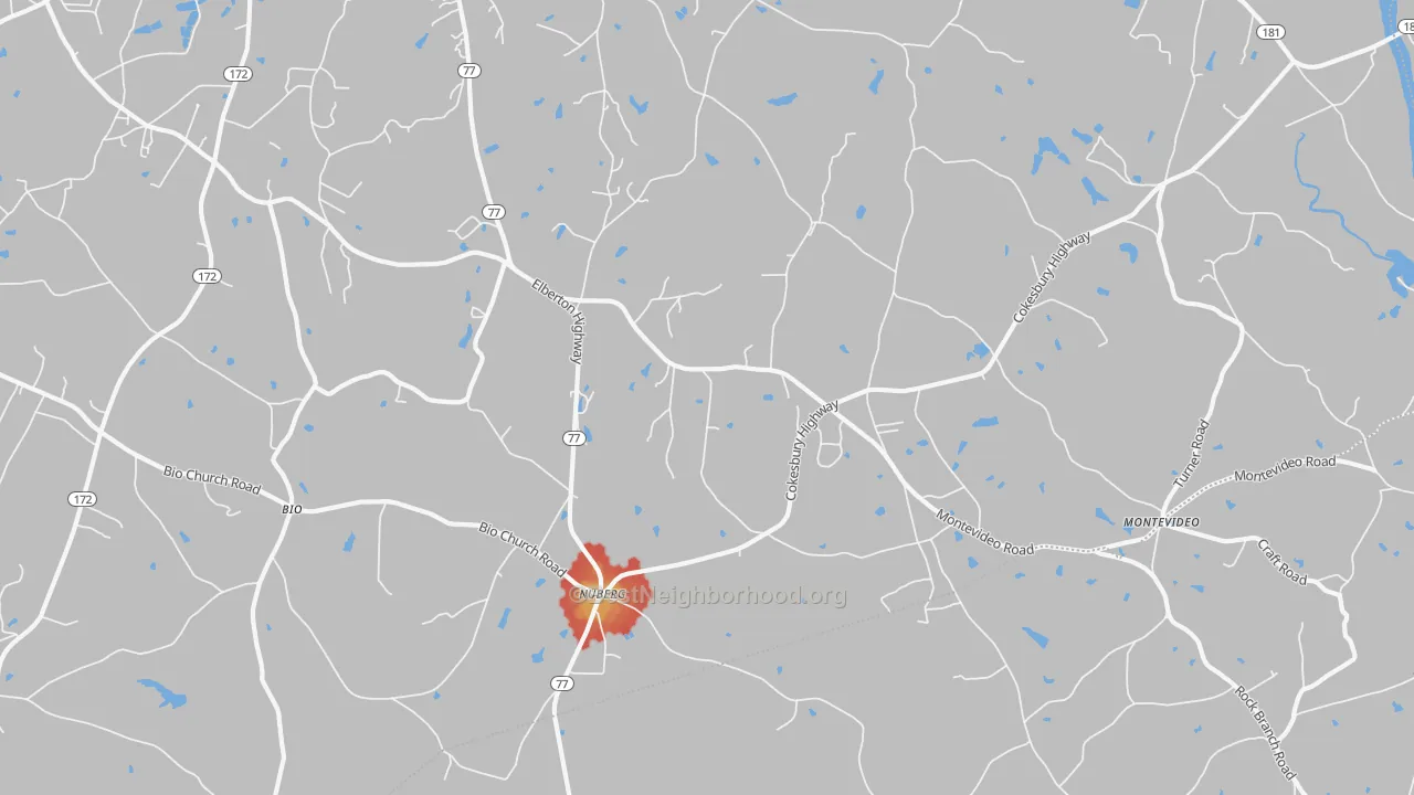 Walk Grade map of Nuberg, GA, walkable areas in green and car-dependent areas in red