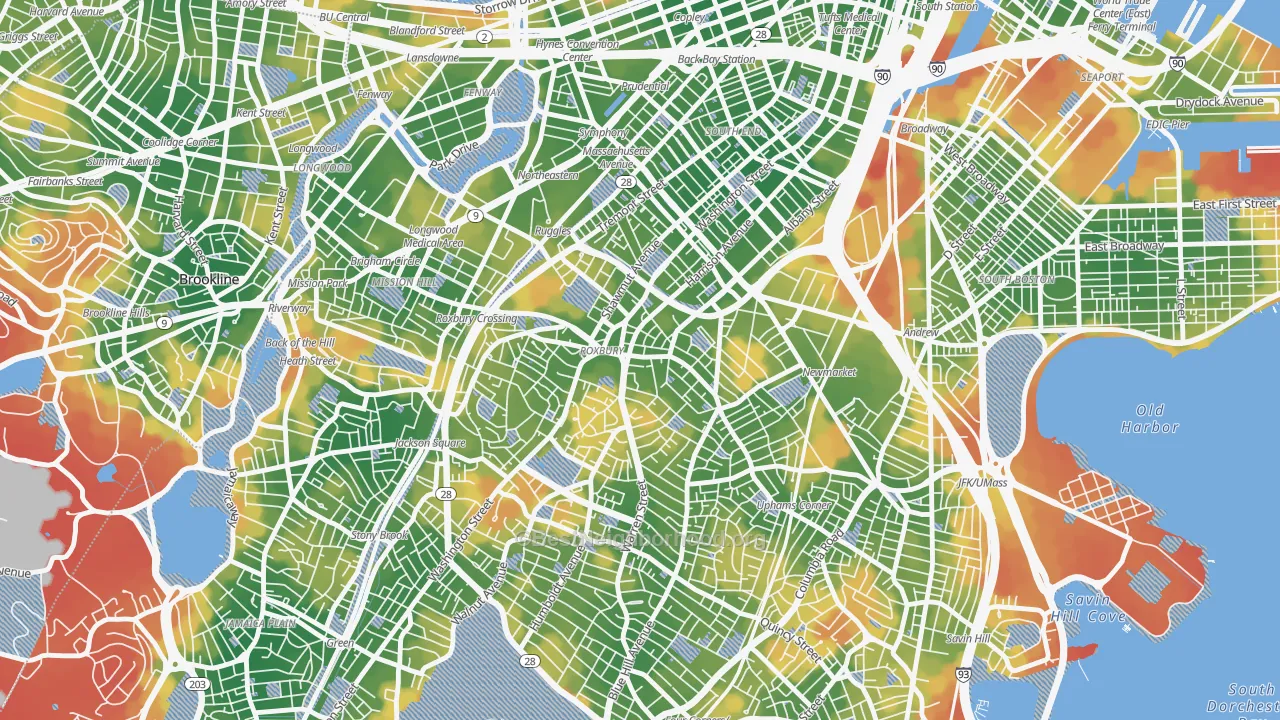 Walk Grade map of Nubian Square, Boston, MA, walkable areas in green and car-dependent areas in red