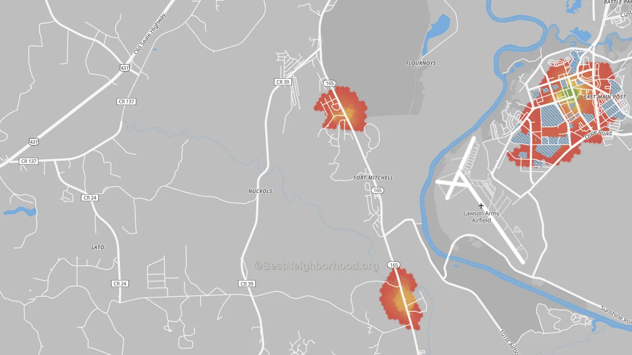 Walk Grade map of Nuckols, AL, walkable areas in green and car-dependent areas in red