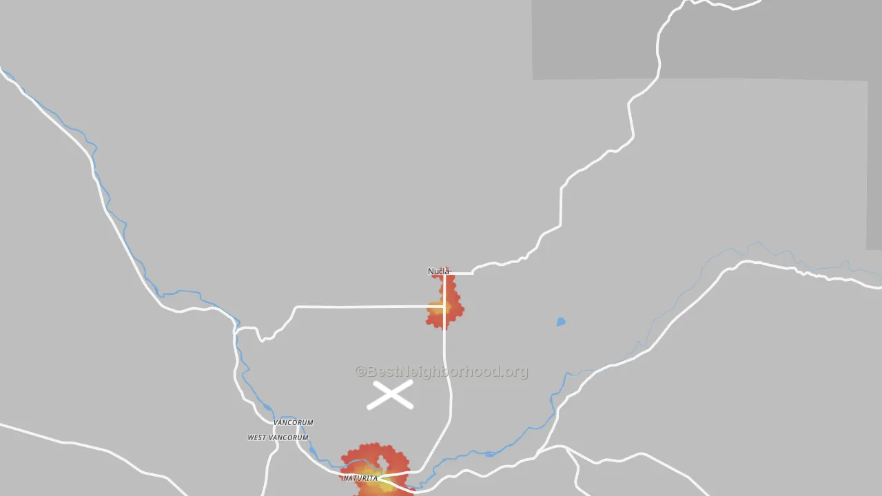 Walk Grade map of Nucla, CO, walkable areas in green and car-dependent areas in red