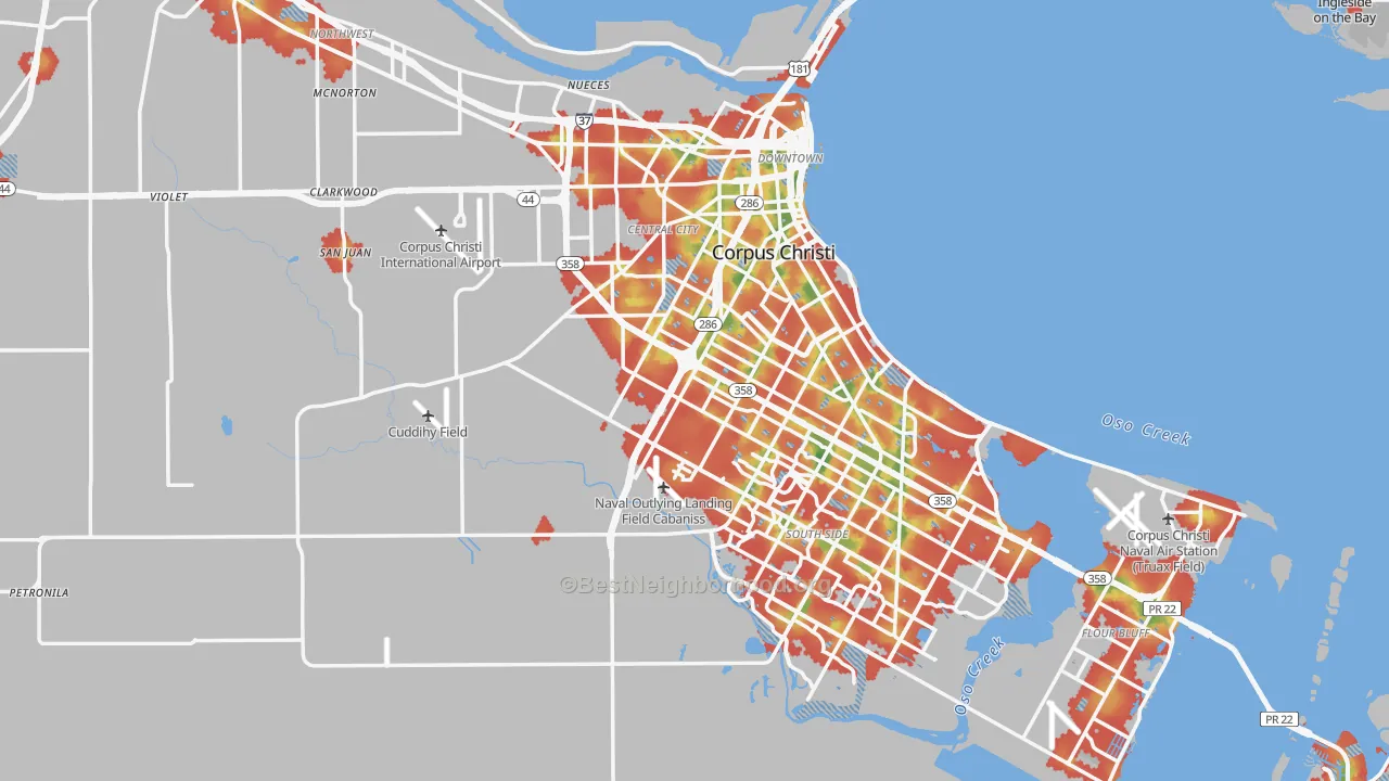 Walk Grade map of Nueces County, TX, walkable areas in green and car-dependent areas in red