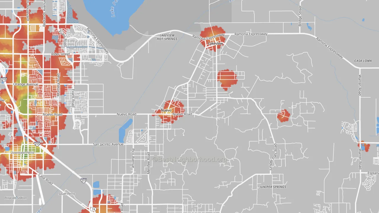 Walk Grade map of Nuevo, CA, walkable areas in green and car-dependent areas in red