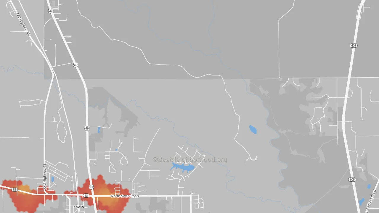 Walk Grade map of Nugent, MS, walkable areas in green and car-dependent areas in red