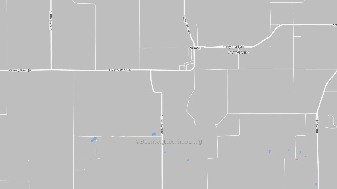 Walk Grade map of Numa, IA, walkable areas in green and car-dependent areas in red