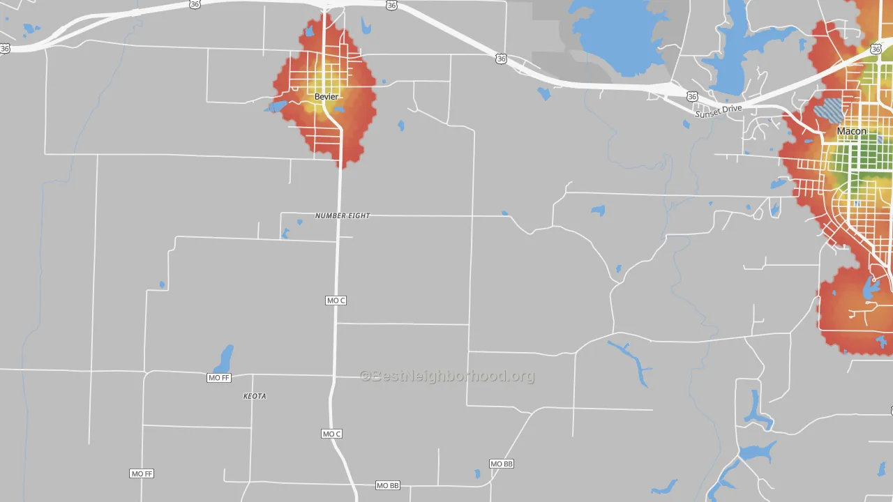 Walk Grade map of Number Eight, MO, walkable areas in green and car-dependent areas in red