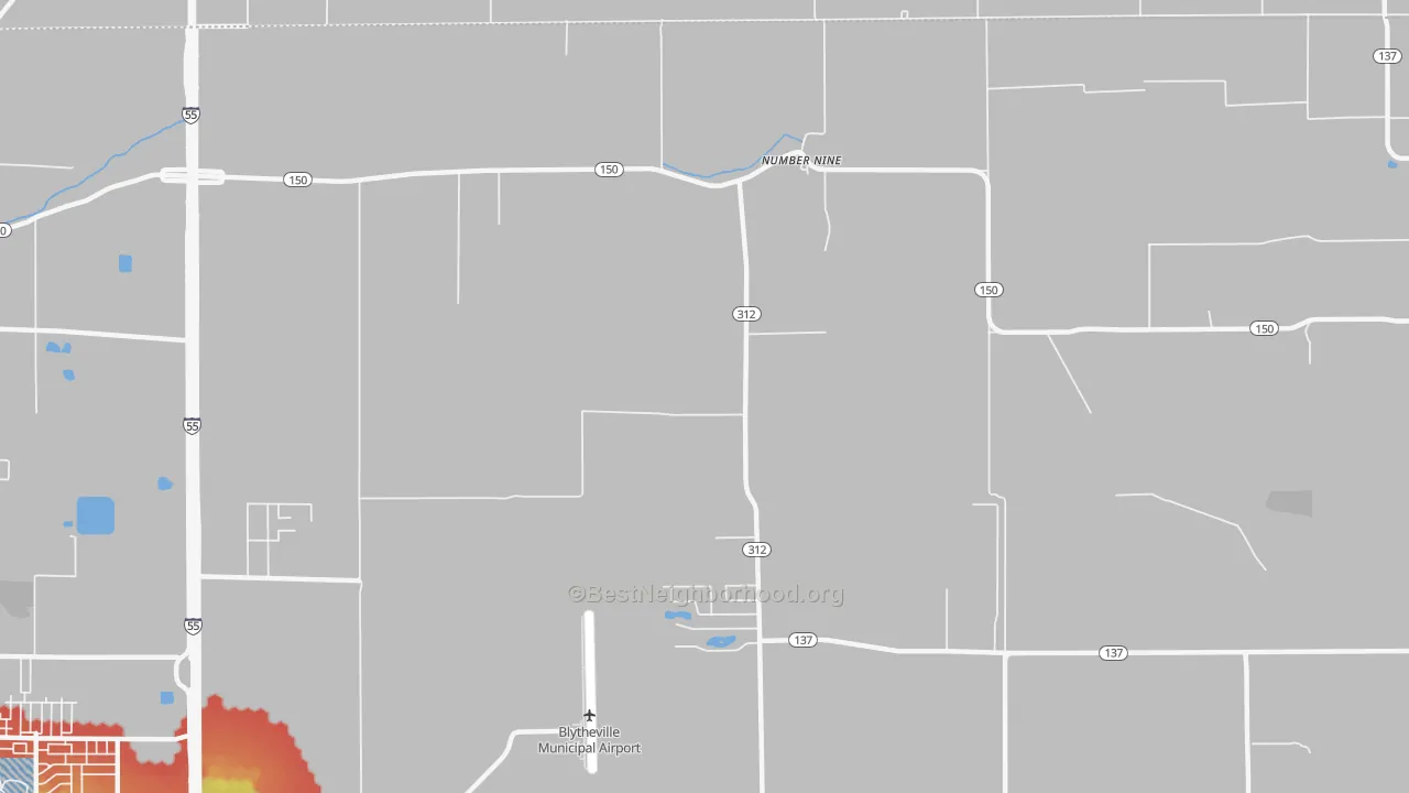 Walk Grade map of Number Nine, AR, walkable areas in green and car-dependent areas in red
