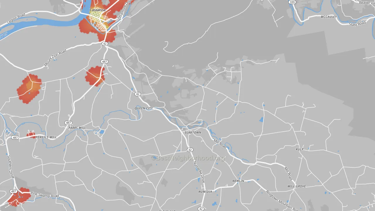 Walk Grade map of Numidia, PA, walkable areas in green and car-dependent areas in red