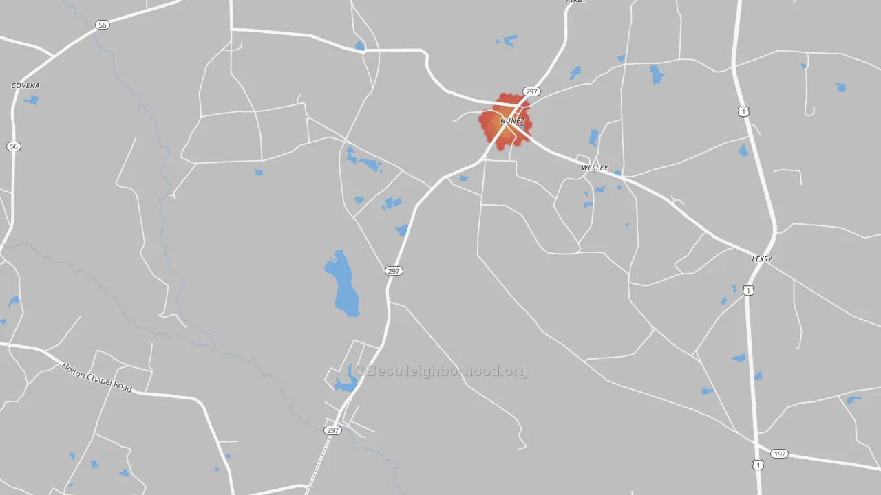 Walk Grade map of Nunez, GA, walkable areas in green and car-dependent areas in red