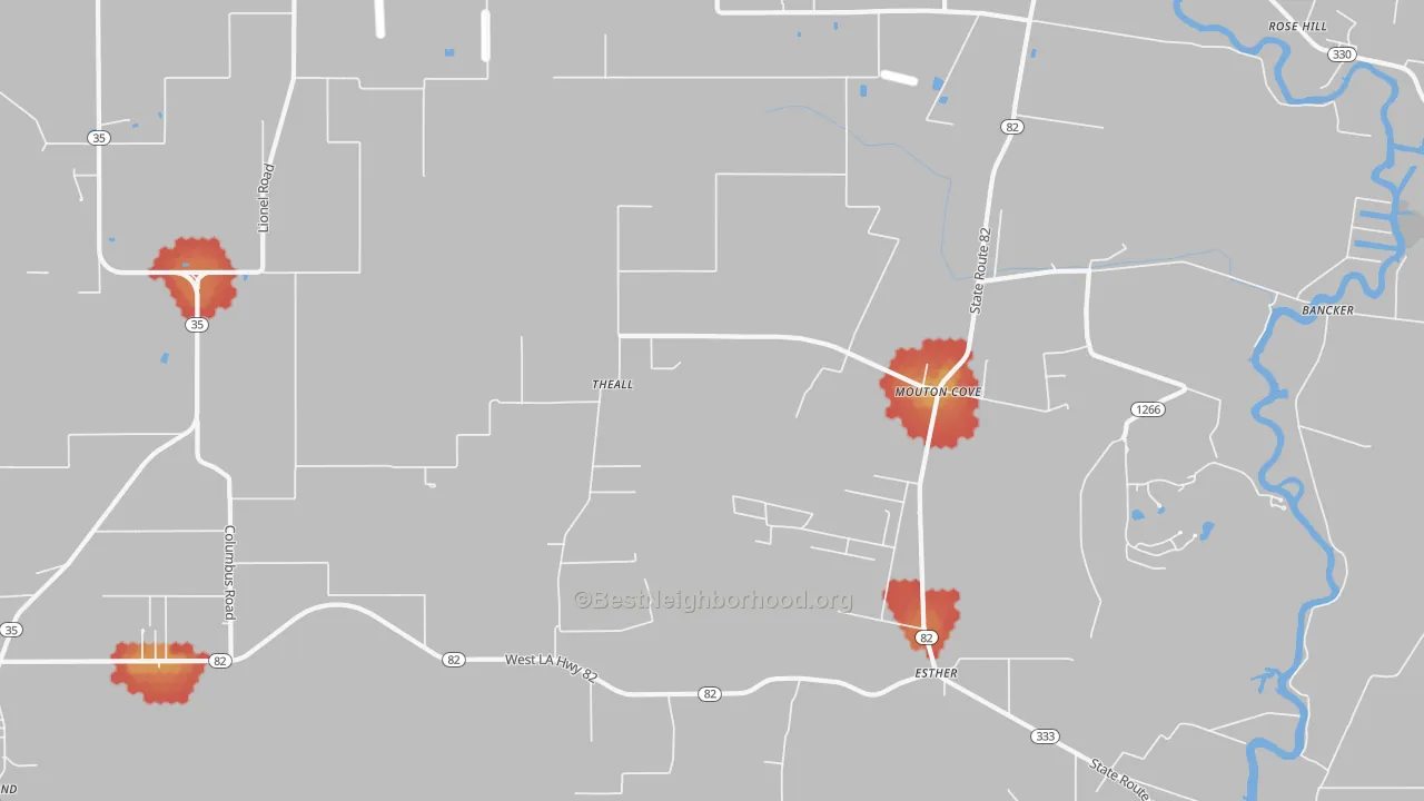 Walk Grade map of Nunez, LA, walkable areas in green and car-dependent areas in red