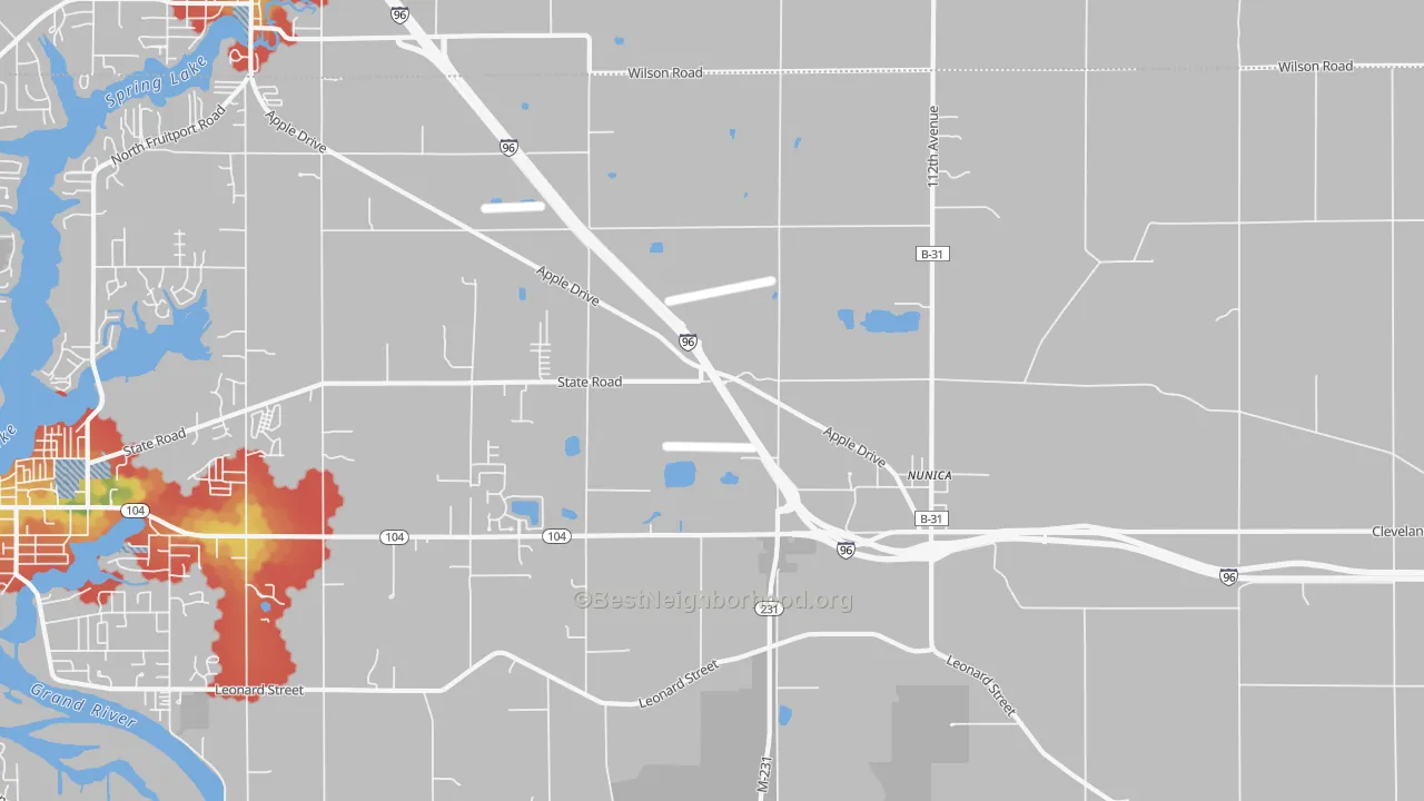 Walk Grade map of Nunica, MI, walkable areas in green and car-dependent areas in red