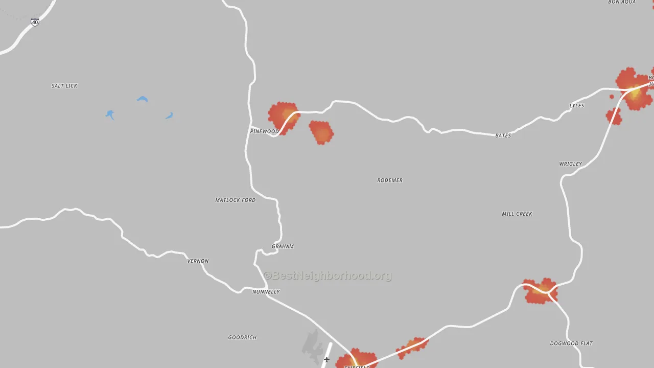 Walk Grade map of Nunnelly, TN, walkable areas in green and car-dependent areas in red