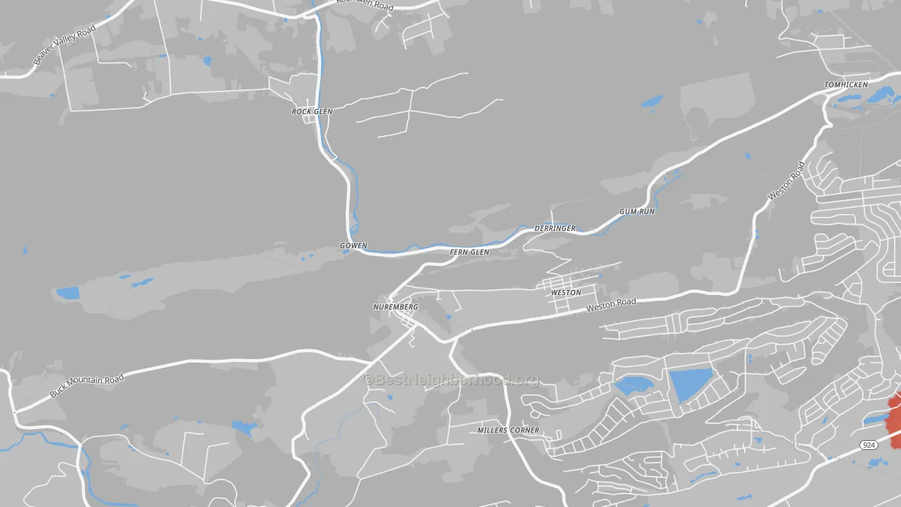 Walk Grade map of Nuremberg, PA, walkable areas in green and car-dependent areas in red