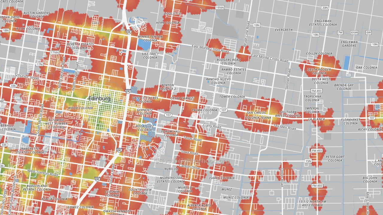 Walk Grade map of Nurillo, TX, walkable areas in green and car-dependent areas in red