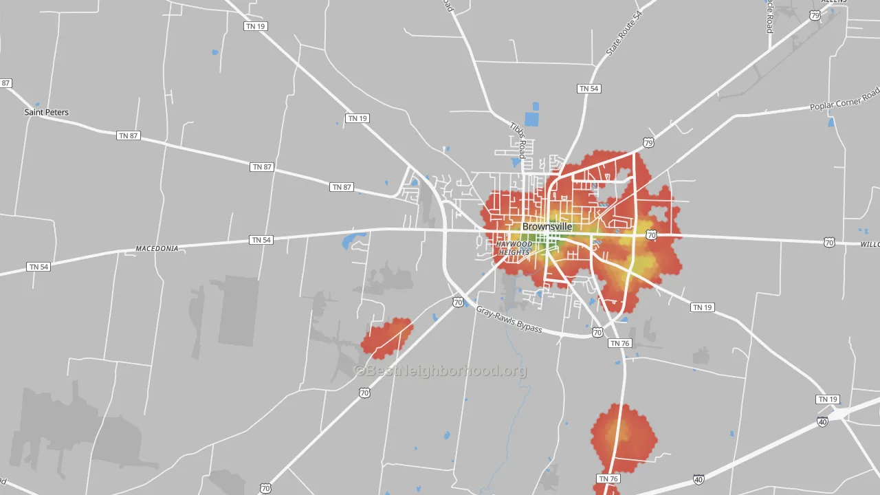 Walk Grade map of Nutbush, TN, walkable areas in green and car-dependent areas in red