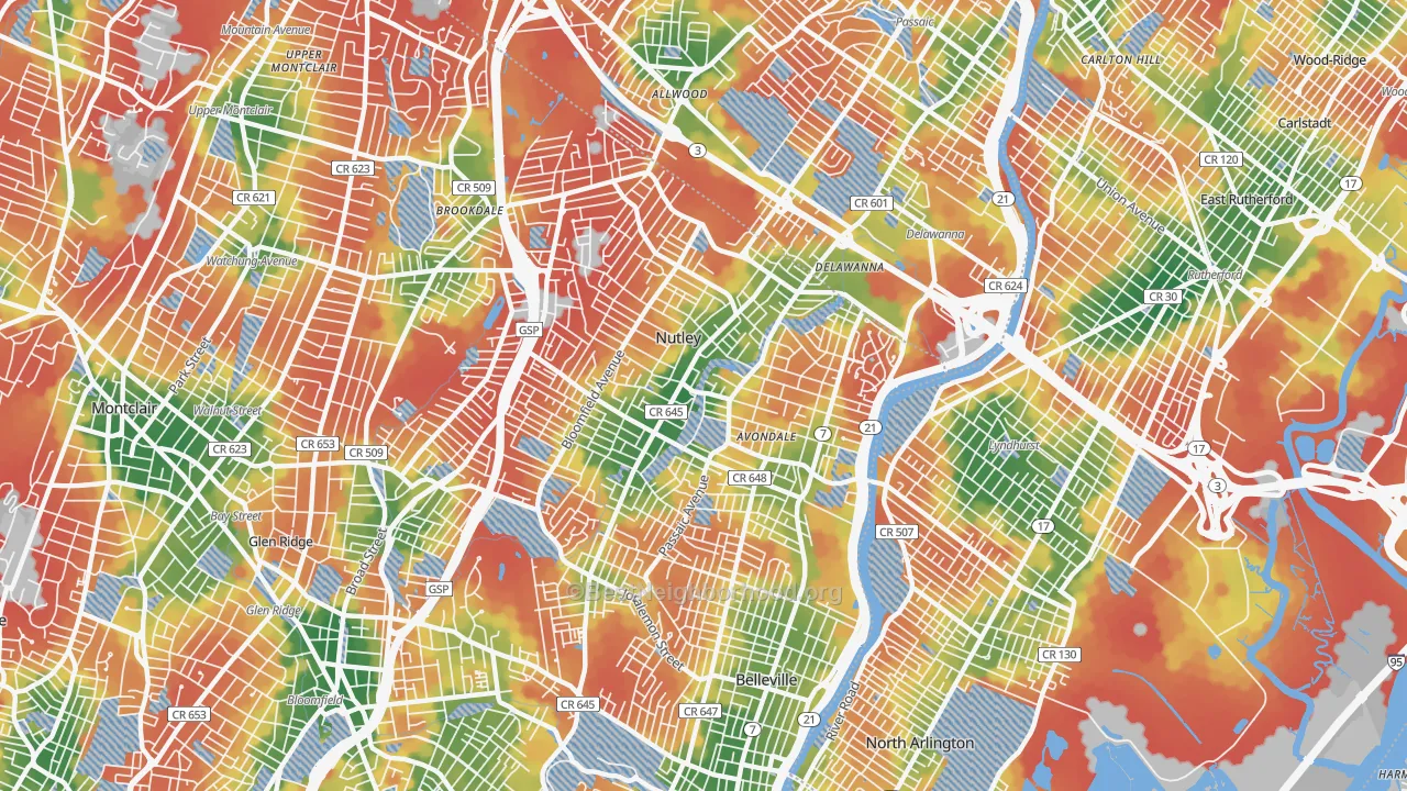 Walk Grade map of Nutley, NJ, walkable areas in green and car-dependent areas in red